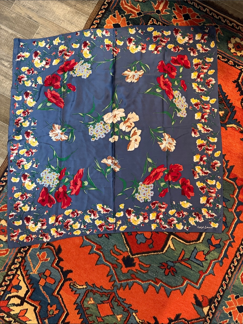 Vintage Ralph Lauren Cobalt Blue Multi Colored Floral Design Silk Square Scarf